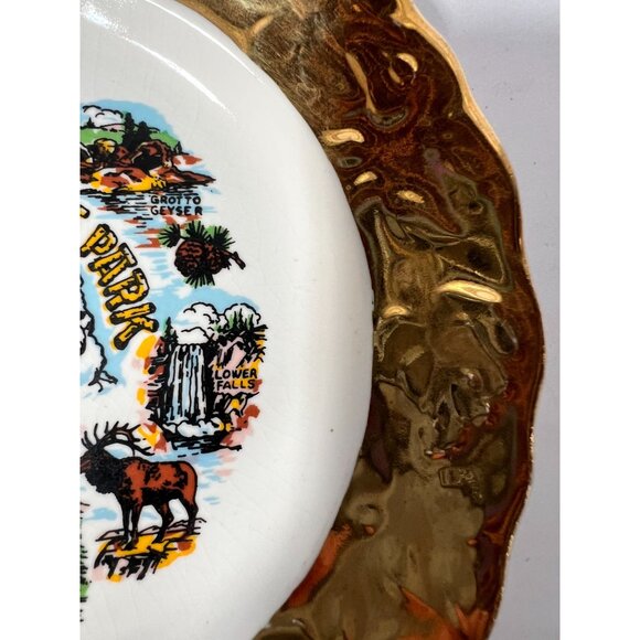 Vintage Yellowstone Park Souvenir Plate With Gold Tone Border - Picture 11 of 16